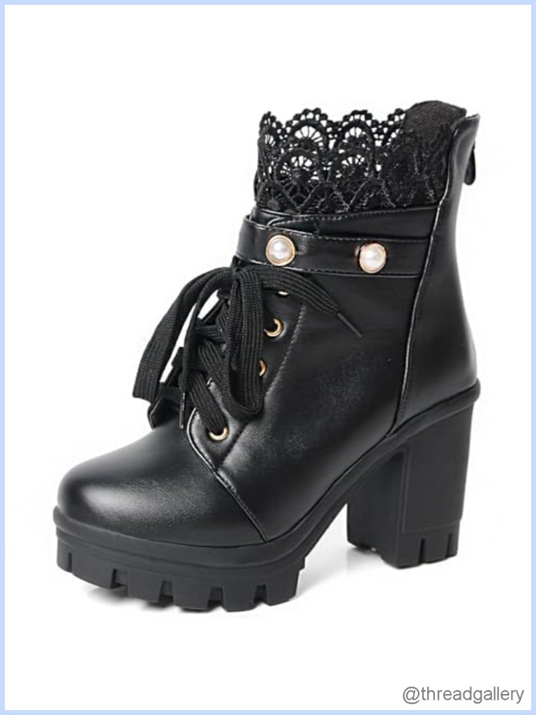 Black Chunky Heel Platform Ankle Booties With Lace And Buckle